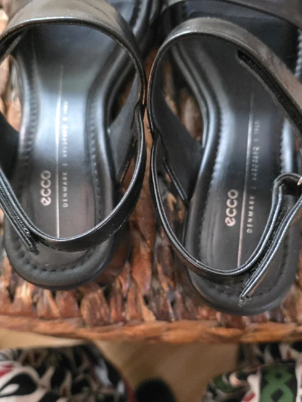 Women's Ecco Black Leather Two-Strap Velcro Open-Toe Sandals with Heel Strap